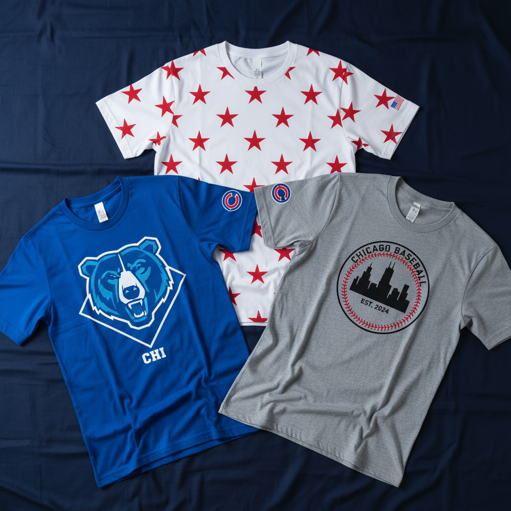 A bold flat-lay photographic image of multiple custom T-shirts spread across a dark navy backdrop, each shirt a different color—bright royal blue, crisp white, and heather gray—featuring varied unofficial Chicago baseball–inspired designs. One shows a geometric bear outline over a stylized diamond, another a red star pattern echoing the city flag, and another a circular emblem with a simplified skyline and baseball stitching. The arrangement is dynamic but tidy, with sleeves slightly overlapping and fabric wrinkles adding realism. Overhead softbox lighting delivers even illumination, with gentle shadows giving depth without distraction. The mood is energetic and urban, shot from directly above with sharp focus throughout, evoking a bold merch drop announcement for an online brand rooted in Chicagoland pride.