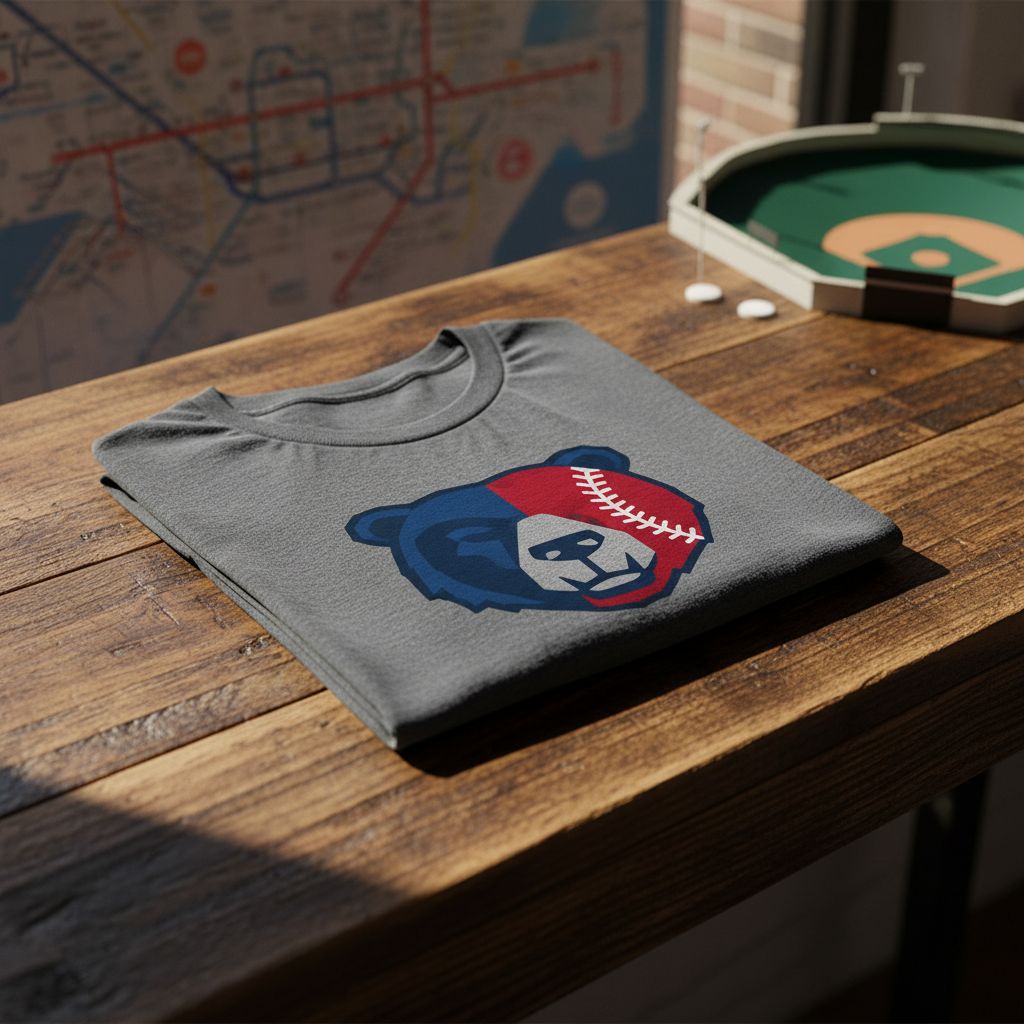 A single charcoal-gray custom T-shirt carefully folded and placed on a reclaimed wood counter, the grain of the wood running diagonally beneath it. The shirt’s chest graphic shows a stylized blue bear head merging into a red baseball with white stitches, clearly original and not resembling any trademarked logo. Natural afternoon window light streams from the left, casting strong but clean shadows that emphasize the shirt’s sharp folds and premium cotton texture. In the softly blurred background, a hint of a commuter train map and a tiny model ballpark subtly reference the Chicagoland area. Photographic realism with a slightly elevated angle, using rule-of-thirds framing and shallow depth of field, creates a bold yet minimalist product-focused atmosphere for an online store detail page.