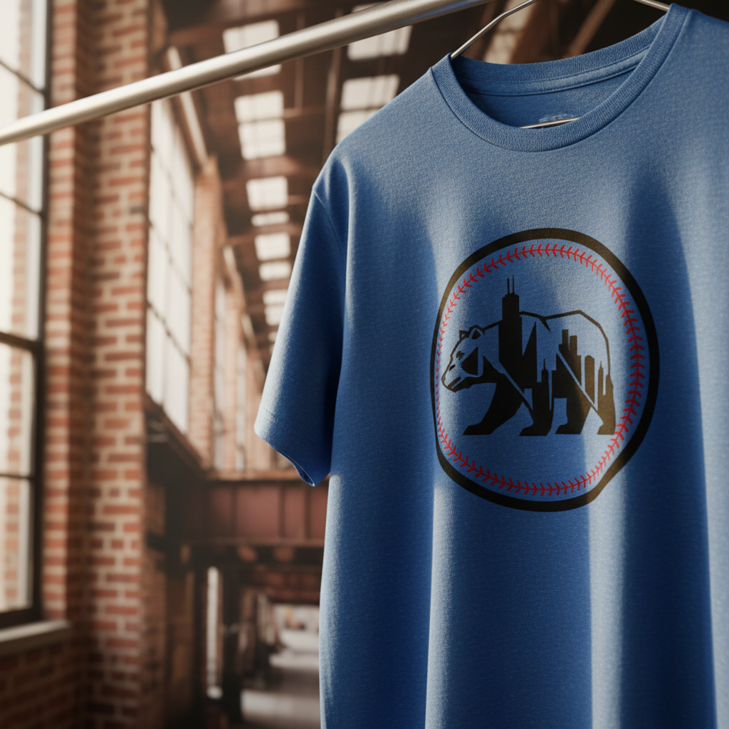 A detailed close-up of a royal-blue custom T-shirt hanging from a simple metal rack bar, the frame cropped so only the upper chest and shoulder area of the shirt are visible. The design is a large, circular badge combining a stylized bear profile, a minimalist skyline, and subtle red baseball stitching arcs, clearly original artwork. The cotton fabric appears soft with a slight heather texture, catching the warm glow of late-afternoon light from a nearby loft window. Behind it, out-of-focus brick walls and a hint of an elevated train track photo print suggest a gritty Chicago warehouse setting. Photographic realism with a shallow depth of field and off-center composition creates a bold, modern, urban vibe ideal for a product spotlight image.