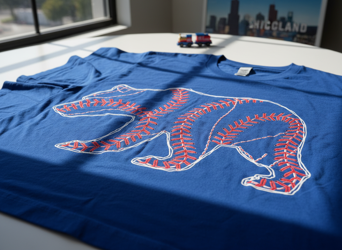 A close-up, photographic realism shot of a bold custom T-shirt laid flat on a clean white tabletop, the fabric a deep royal blue with a large, graphic bear silhouette integrated into a stylized red-and-white baseball stitching pattern, clearly unofficial and abstracted from any real logo. The cotton texture is crisp and slightly textured, with subtle folds catching the light. Soft, diffused daylight from a nearby window creates gentle shadows and a bright, energetic feel. In the blurred background, hints of a Chicagoland skyline poster and a miniature red-and-blue train reference city pride without showing people. Shot at eye level with a shallow depth of field, emphasizing the shirt’s design and vibrant colors for an online store hero image.