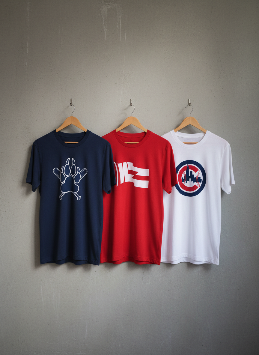 A neatly arranged row of three custom T-shirts displayed on minimalist wooden hangers against a matte concrete wall, photographed in high-resolution realism. Each shirt features a different unofficial Chicago baseball–inspired graphic: an abstract navy bear paw over crossed bats, a vintage-style red ‘W’ flag reinterpretation without text, and a circular emblem with a skyline and baseball seams. The colors are bold—navy, bright red, and crisp white—standing out against the neutral background. Soft studio lighting from above and slightly to the side creates subtle highlights along the fabric drape and clean shadows on the wall. The mood is confident and urban, captured with a straight-on composition and moderate depth of field, perfect for a catalog landing image emphasizing variety and Chicagoland pride.